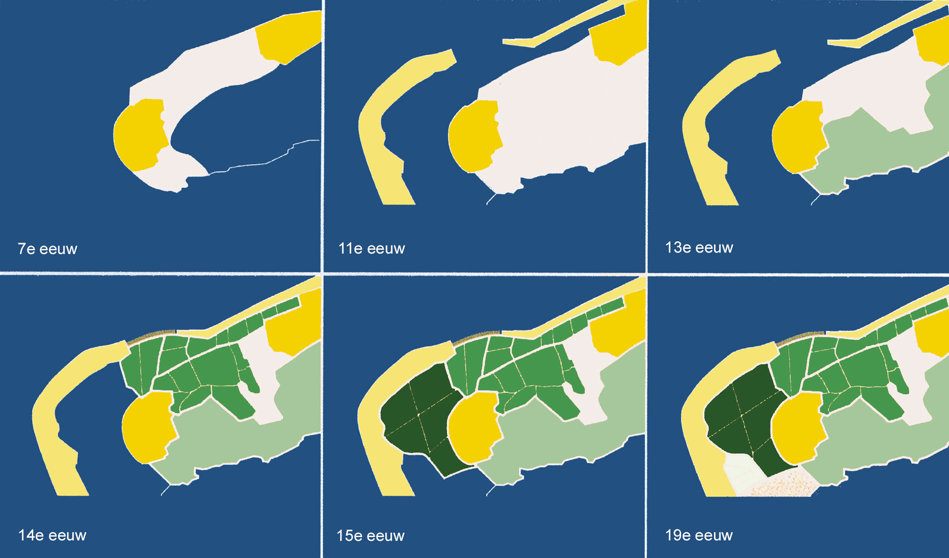 Kaart die de ontstaansgeschiedenis van het eiland laat zien van de 7e tot de 19e eeuw