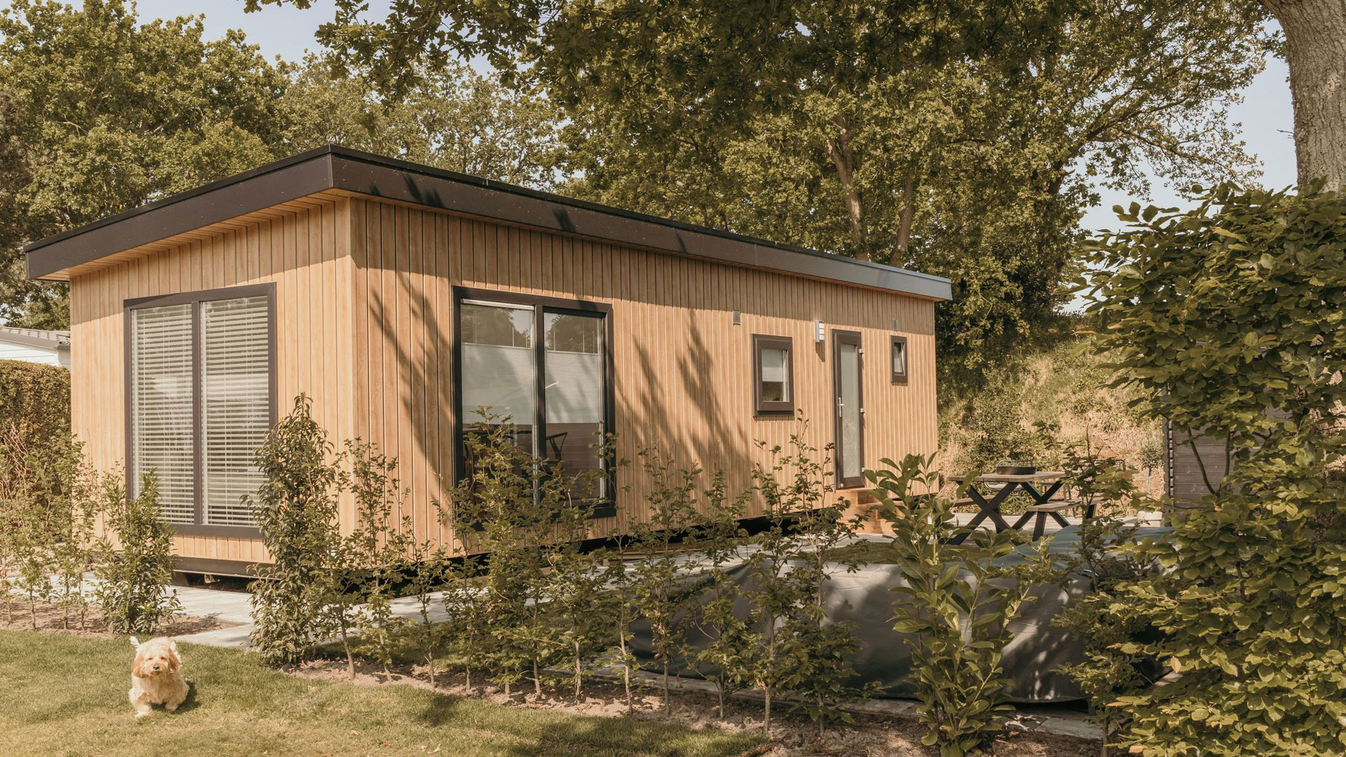 Modern houten chalet op camping in Ouddorp met terras